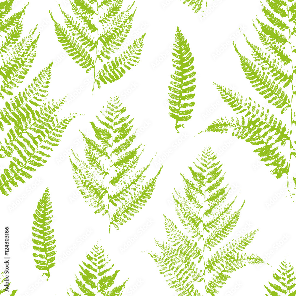 Seamless pattern with paint prints of fern leaves 