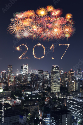 2017 Happy New Year Fireworks over Tokyo cityscape at night, Jap