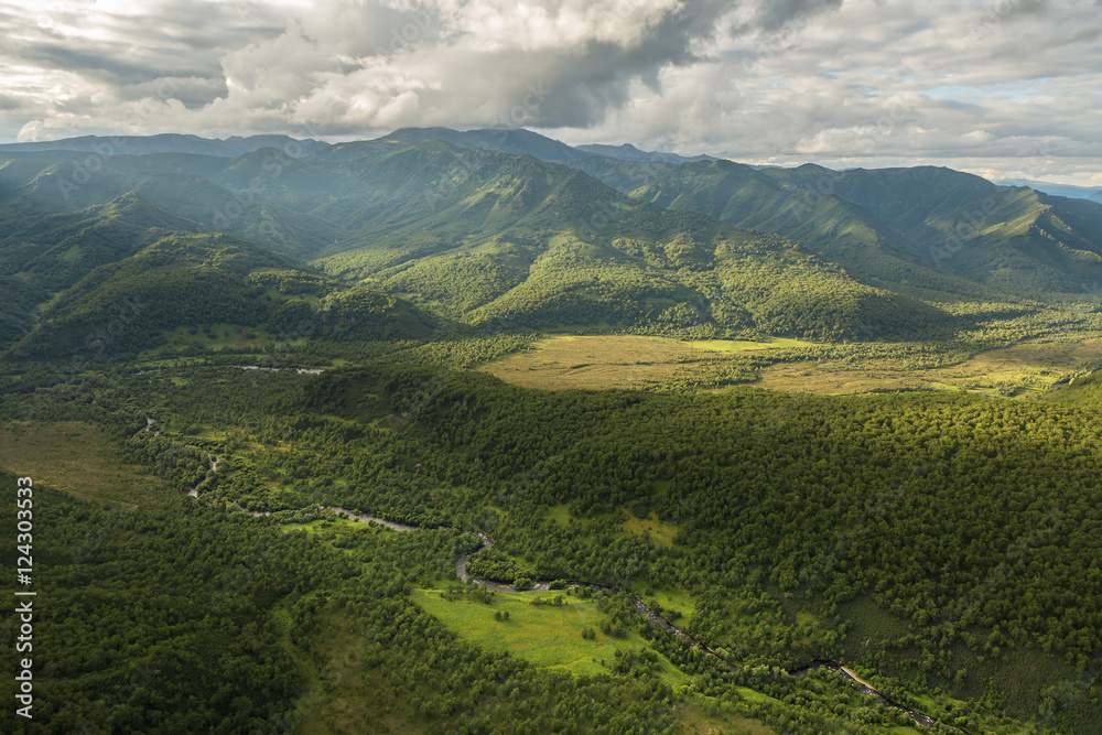 Obraz premium Kronotsky Nature Reserve on Kamchatka Peninsula. View from helicopter.