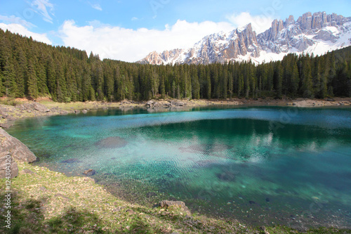 turquoise lake Carezza and the Italian alps Dolomites  Northern Italy