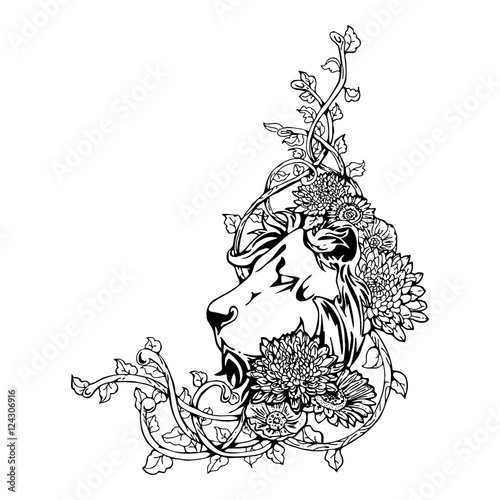 Fototapeta Naklejka Na Ścianę i Meble -  King Lion head vintage drawing tattoo withe wite isolated vector