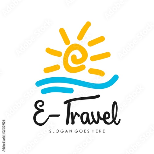 Travel and tour agency vector logo design. Beach, Sea, City, Temple, MountainHorizon