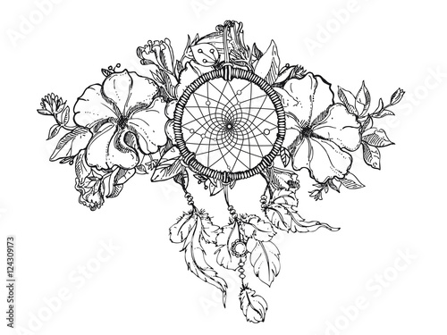 black and white hand drawn floral ornament with petunia flower and dream catcher. sketch. Vector eps 8