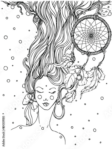 hand drawn ink doodle girls face and flowing hair and dream catcher on white background. design for adults, poster, print, t-shirt, invitation, banners, flyers. sketch. vector eps 8.