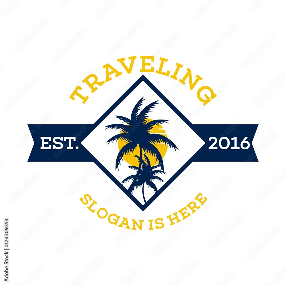 Obraz premium Travel and tour agency vector logo design. Beach, Sea, City, Temple, MountainHorizon