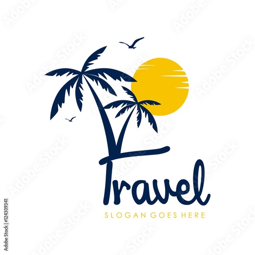 Travel and tour agency vector logo design. Beach, Sea, City, Temple, MountainHorizon photo