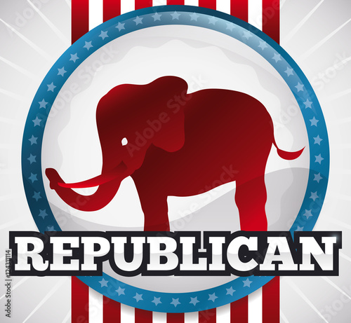 American Round Button Design with Republican Elephant, Vector Illustration