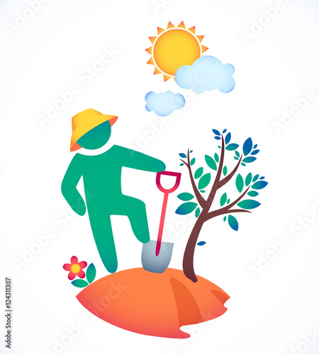 vector illustration man planting a tree and admire the sun