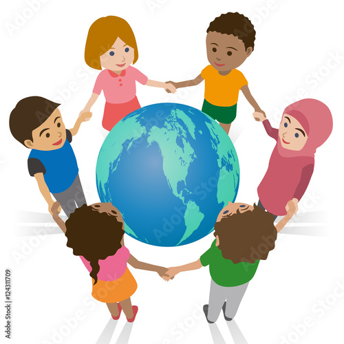 various race children join hands around the earth, international exchange