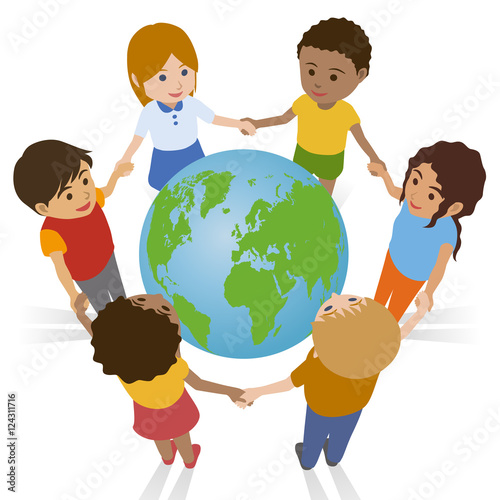 various race children join hands around the earth, international exchange