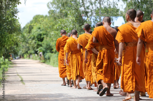 Monks were walking on the road for head to the temple.