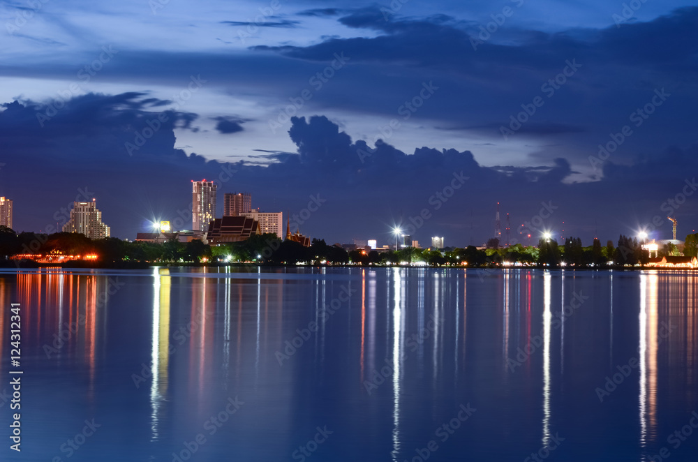 Night view lakeside city of Khon Kaen