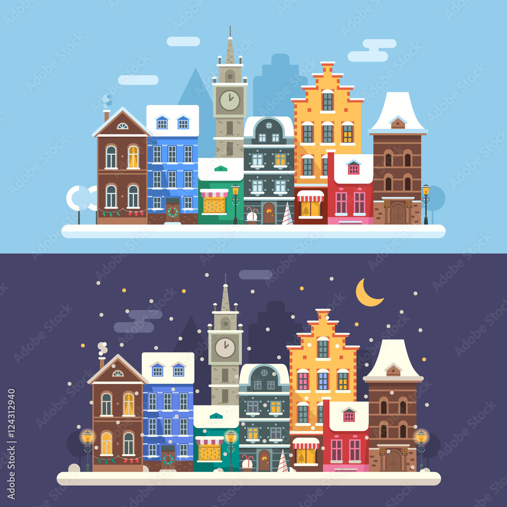 New Year city flat landscape with traditional europe houses, clock tower and Christmas lights. Day and night europe Christmas street banners with colorful building facades and Christmas decorations.