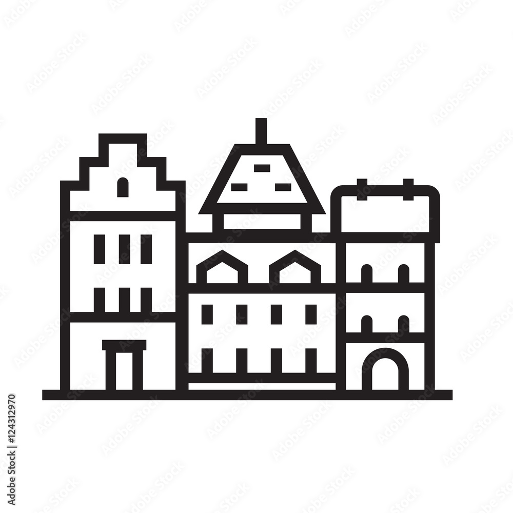 Europe street and house emblem. British or german townhouse emblem. Historic town houses logo. Downtown street outline design.