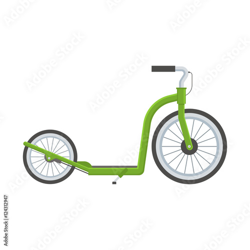 Green kick scooter vector illustration. Balance bike in green color isolated on white background. Push bicycle flat design vector illustration . Alternative city transport.