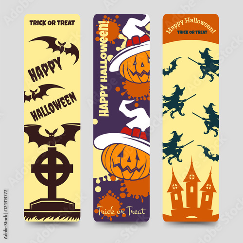 Halloween flat bookmarks with pumpkin bat headstone witch. Vector ilustration