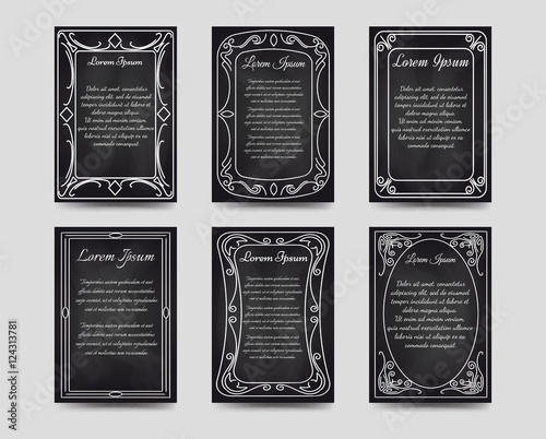 Black chalkboard cards with hand drawn vintage frame. Vector illustration