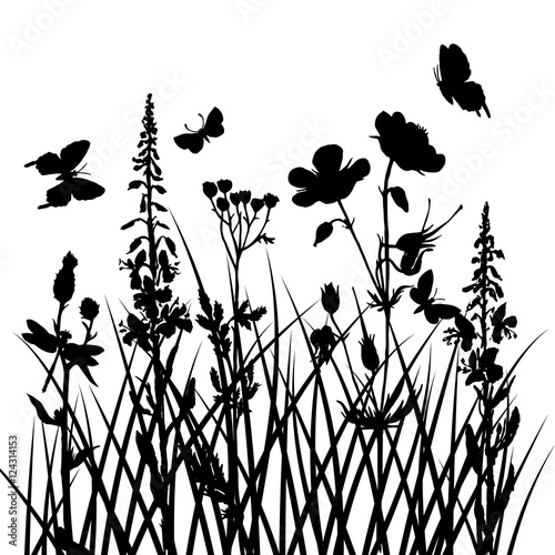 vector silhouettes of flowers and grass with butterflies