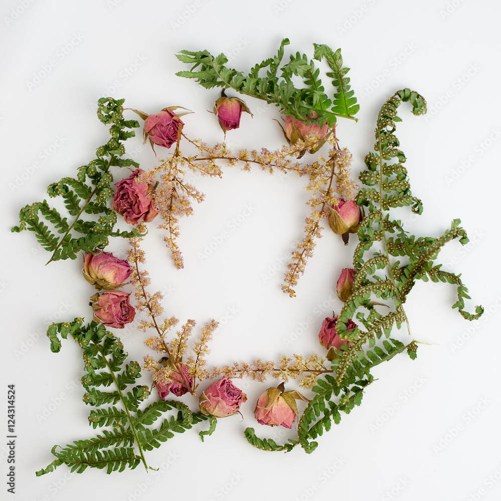 Frame, roses, leaves