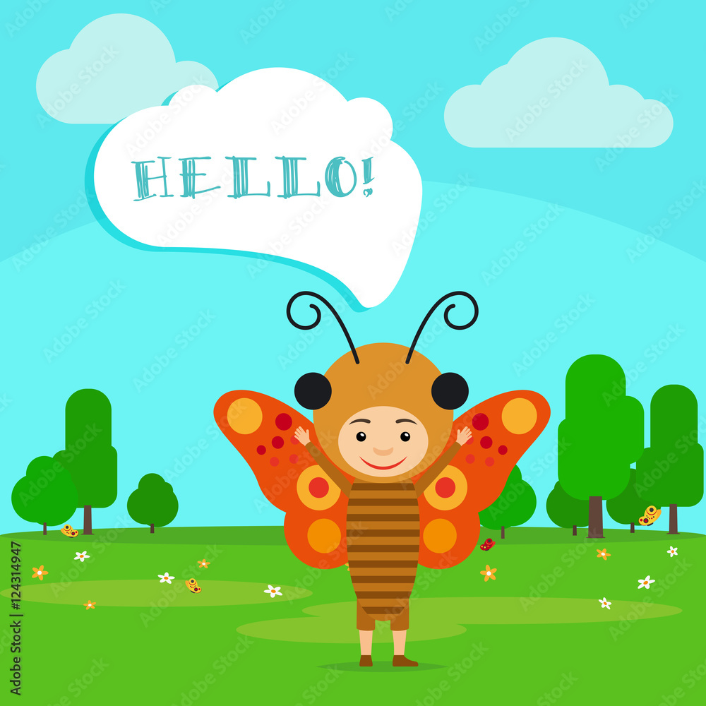 Obraz premium Kid in fancy insect dress with speech bubble in kindergarten. Vector Illustration