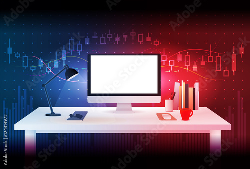 Computer blank screen on work table with blue and red theme background about stock market concept. Ideal for mock up and other.