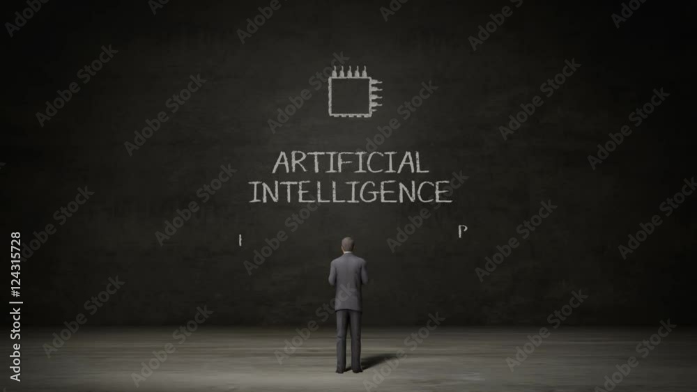 Businessman standing black wall, Handwriting digital icon, concept of 'Artificial Intelligence' at chalkboard. Businessman standing black wall, Handwriting digital icon, concept of 'Artificial Intelligence' at chalkboard.