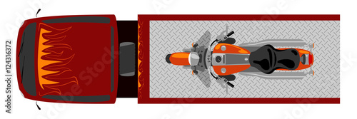 Top view of tow truck with chopper motorcycle isolated color vector illustration