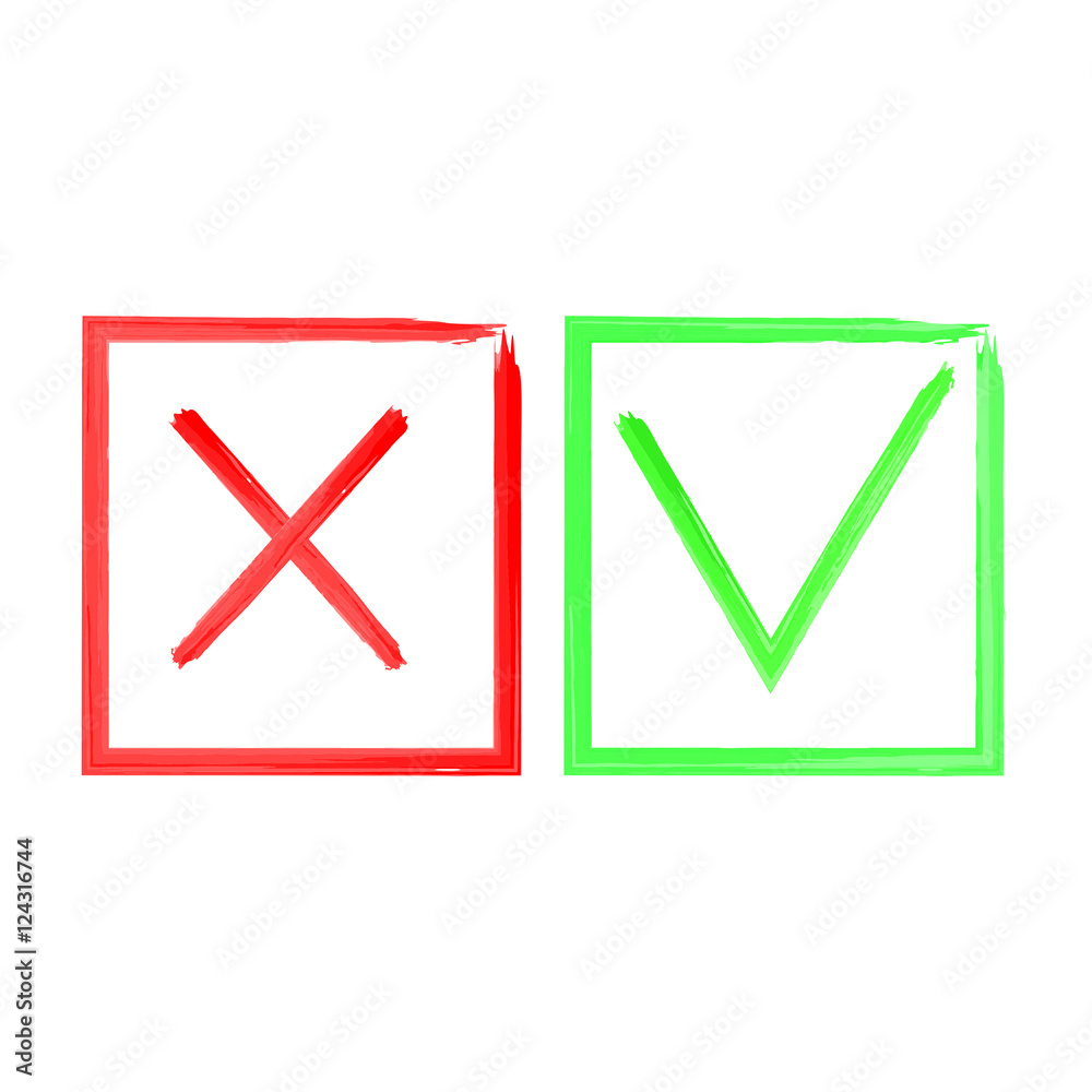 Watercolor brush check marks, tick marks, approve and wrong symbol, vector illustration Watercolor brush check marks, tick marks, approve and wrong symbol, vector illustration