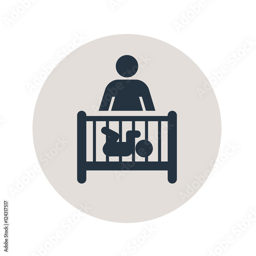 Icono plano madre y bebé en cuna en circulo gris