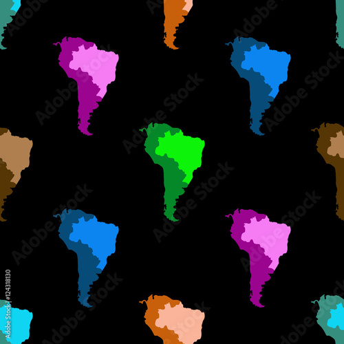 Map Of South America. Latin America. Brazil. Seamless pattern. Black background.