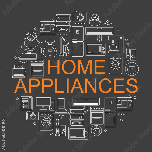 Home appliances. Icons of home appliances arranged in a circle in the style of the line. Banner or poster with home appliances.