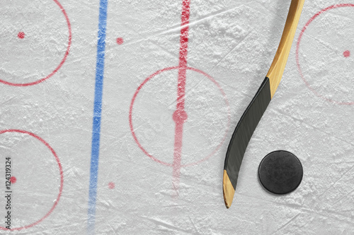 Stick, puck and hockey field with markings