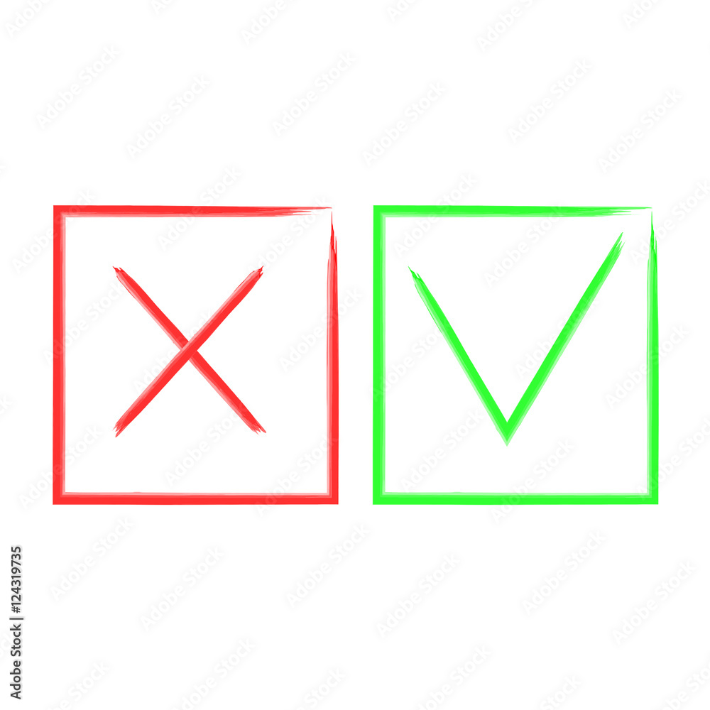 Watercolor brush check marks, tick marks, approve and wrong symbol, vector illustration Watercolor brush check marks, tick marks, approve and wrong symbol, vector illustration