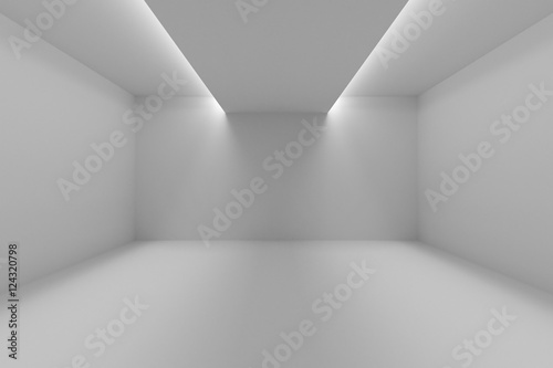 Empty room with white walls and lights in ceiling