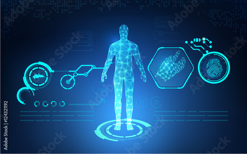 abstract technological health care; science blue print; 3D body part of human