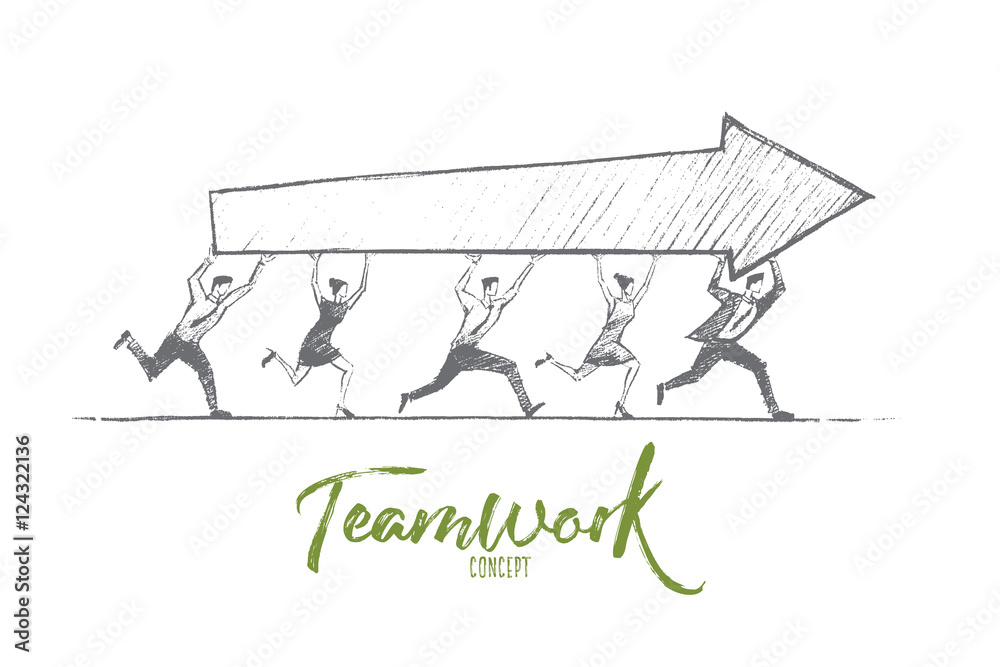 Vector hand drawn teamwork concept sketch. Team of five people running