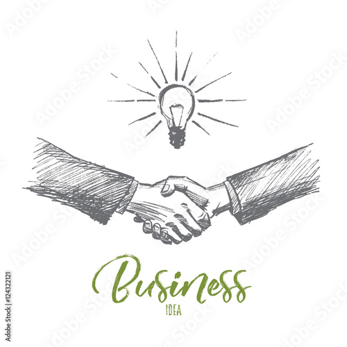 Vector hand drawn business idea sketch. Handshaking of two businessmen meaning successful meeting or deal. Lettering Business idea