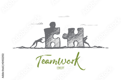 Vector hand drawn team concept sketch. Two men moving puzzle pieces towards each other to assemble it. Lettering Teamwork concept