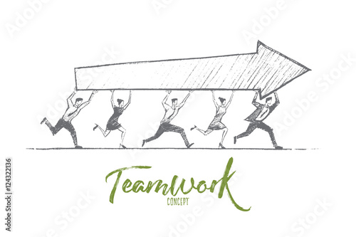 Vector hand drawn teamwork concept sketch. Team of five people running together and carrying indicator of success in common business. Lettering Teamwork concept