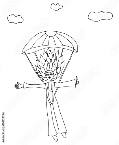 A girl jumps with a parachute on a background clouds