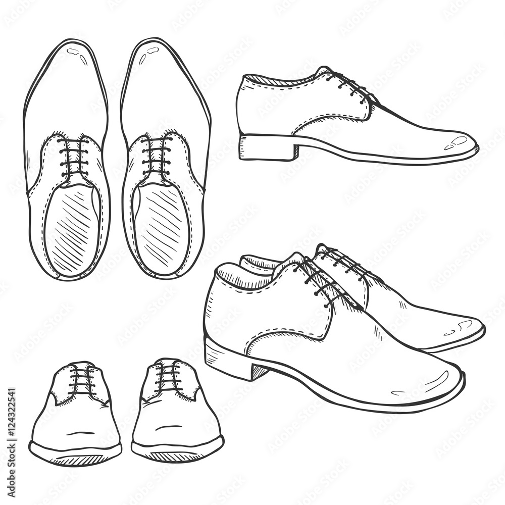 Vector Set of Sketch Classic Men Shoes. Top, Side and Front View Stock  Vector | Adobe Stock