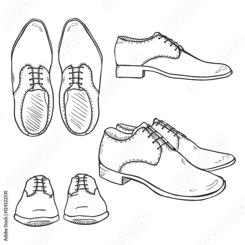 Vector Set of Sketch Classic Men Shoes. Top, Side and Front View