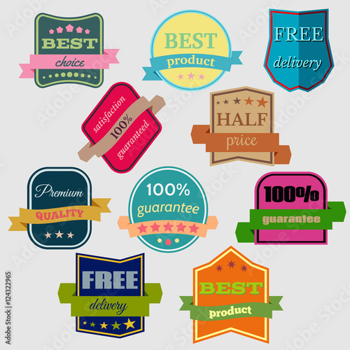Set of Vector Badges with Ribbons. Web stickers and labels. Isolated vector illustration. 