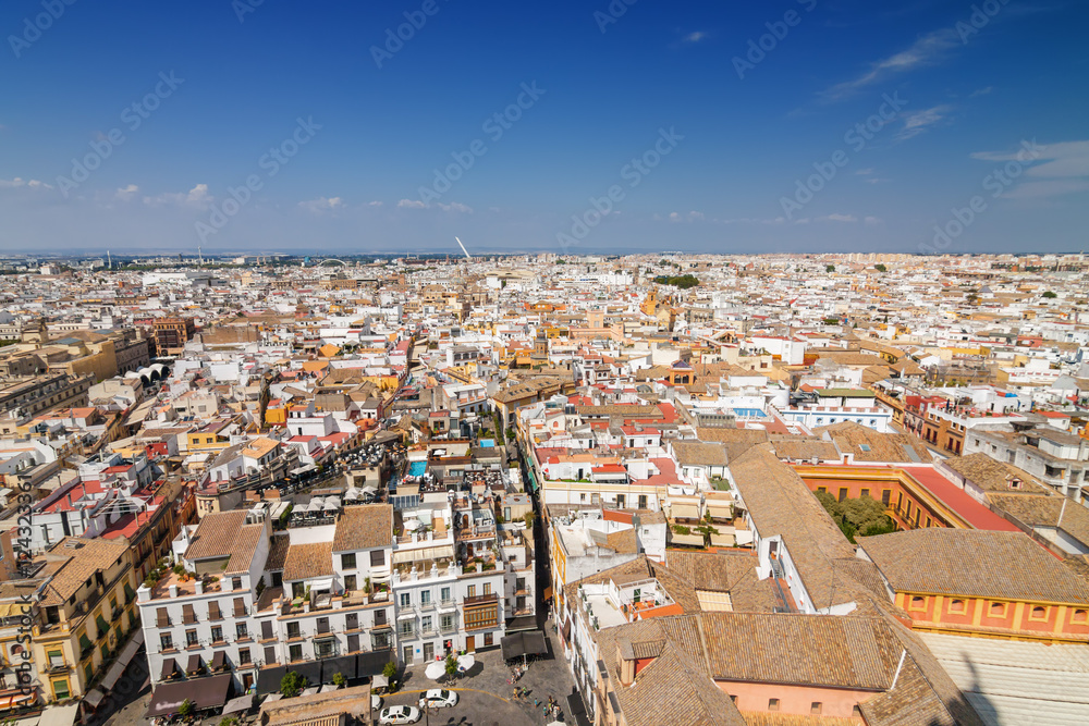 Sunny view of Sevilla from viewpoint of Giralda, Andalusia province, Spain.