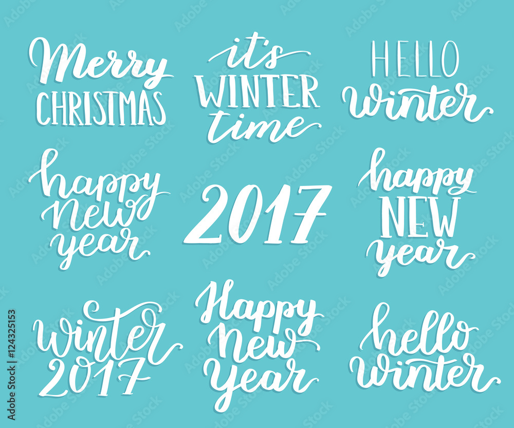 Winter quotes collection. Vector hand written lettering about winter, christmas and new 2017 year. White ink on blue background.
