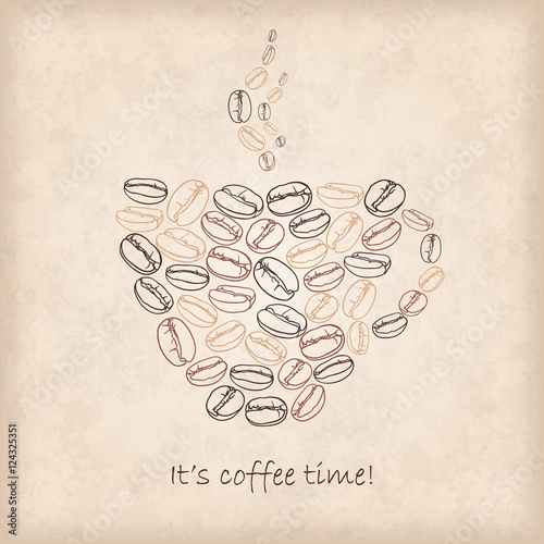 Vector card with cup of coffee made of beans.