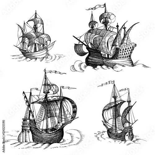 Old caravel, vintage sailboat. Hand drawn vector sketch. Detail of the old geographical maps of sea
