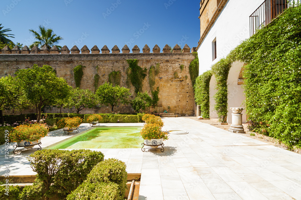 Fountain and gardens of Alcazar de los Reyes Cristianos, Cordoba, Andalusia province, Spain