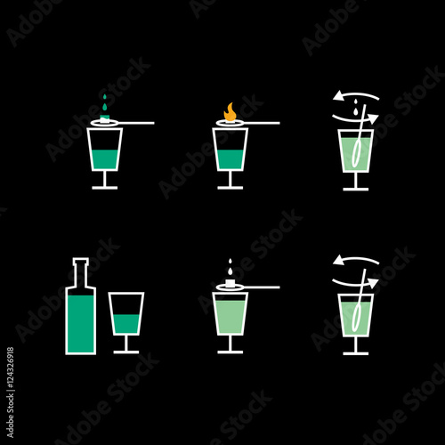 Preparation of absinthe liqueur (preparation scheme on black background)