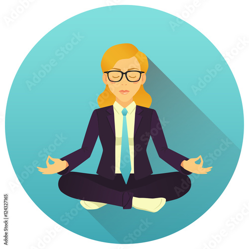 Flat vector icon of blond woman doing office yoga. Calm and relax in the middle of a work day. Businesswoman meditating in lotus pose.